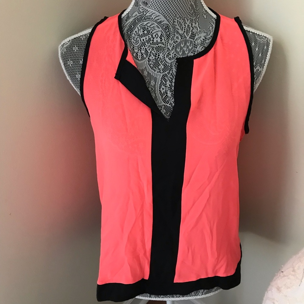 Sophia + Zeke Neon Coral Black Sleveless Blouse